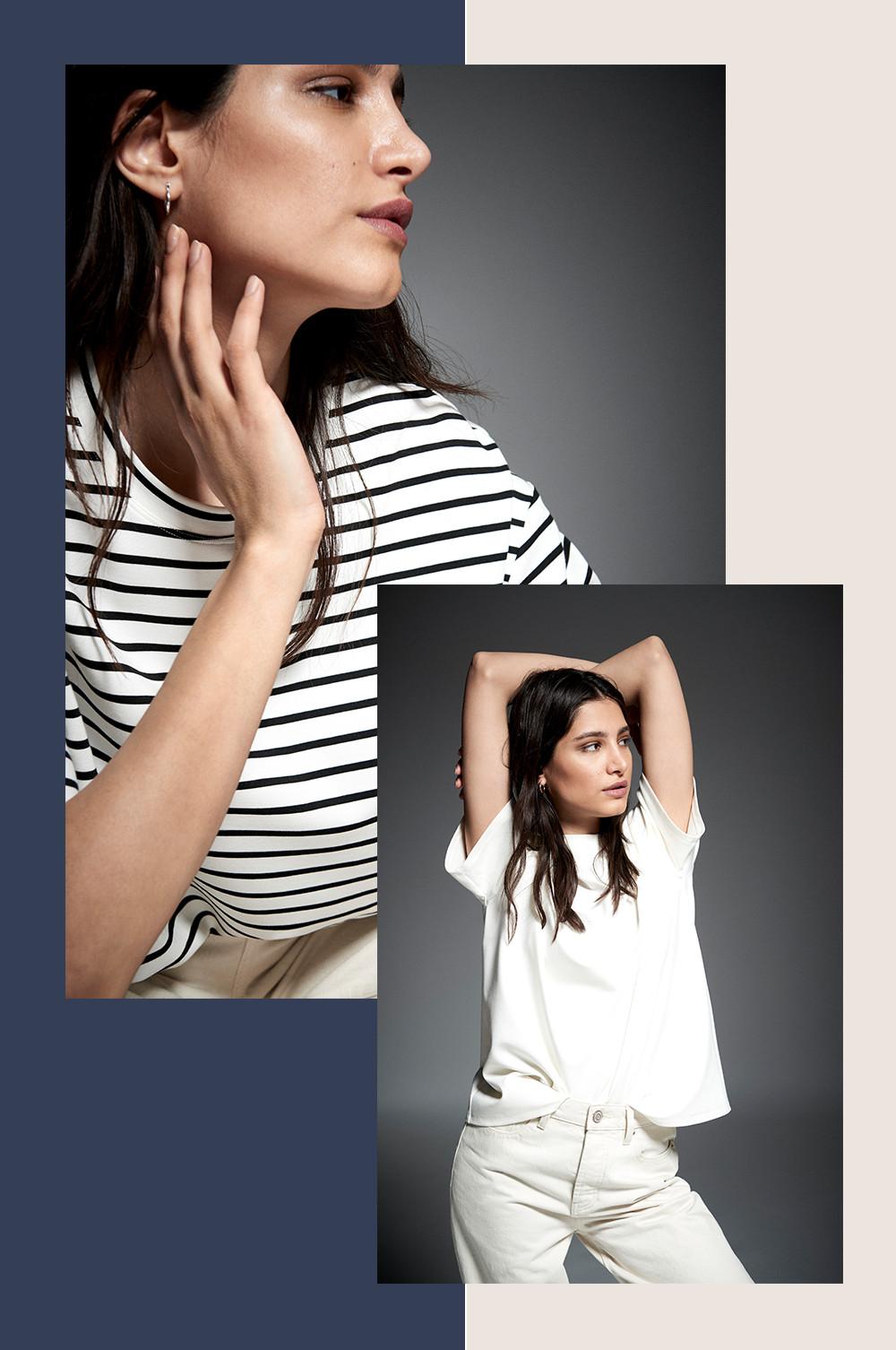 Model wears striped tshirt, and white tshirt with white jeans